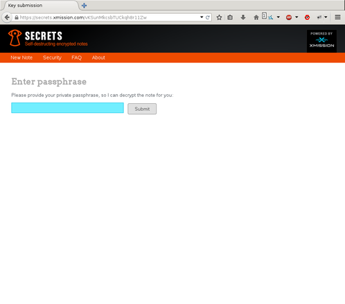 Screenshot showing the page asking for the key necessary to decrypt the note.