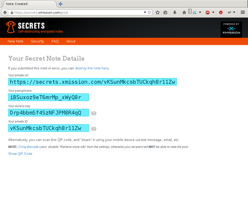 Screenshot showing the passphrase key and the duress key, as well as the note URL and ID.