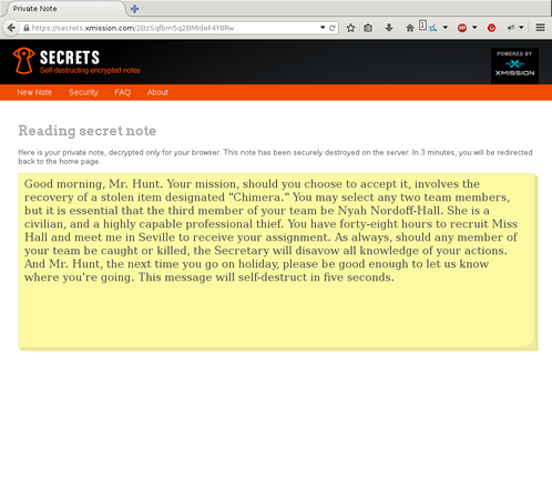Screenshot showing the decryption of a secret note.