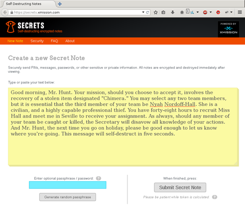 Screenshot showing secrets.xmission.com with some text.