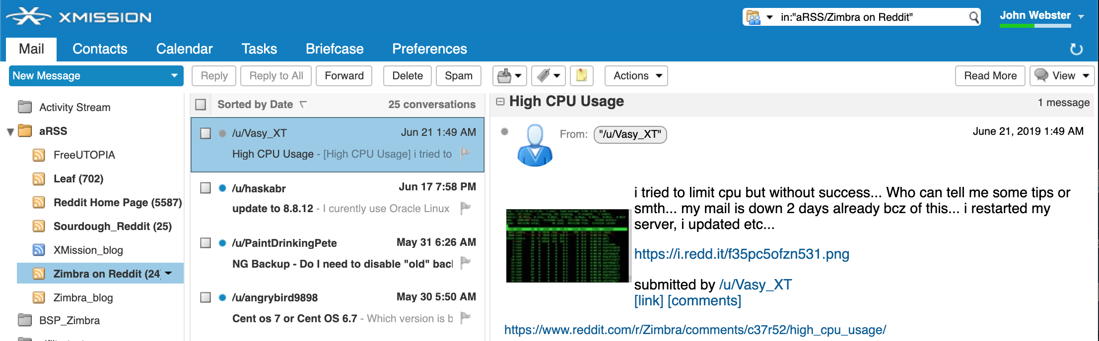 How reddit RSS feeds appear in Zimbra web client.
